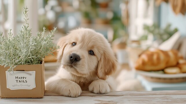 A golden retriever puppy peeks over a rustic table next to a small herb box labeled “Happy Tails,” surrounded by breakfast items. Playful, pet-friendly, pet shop, sale and presents