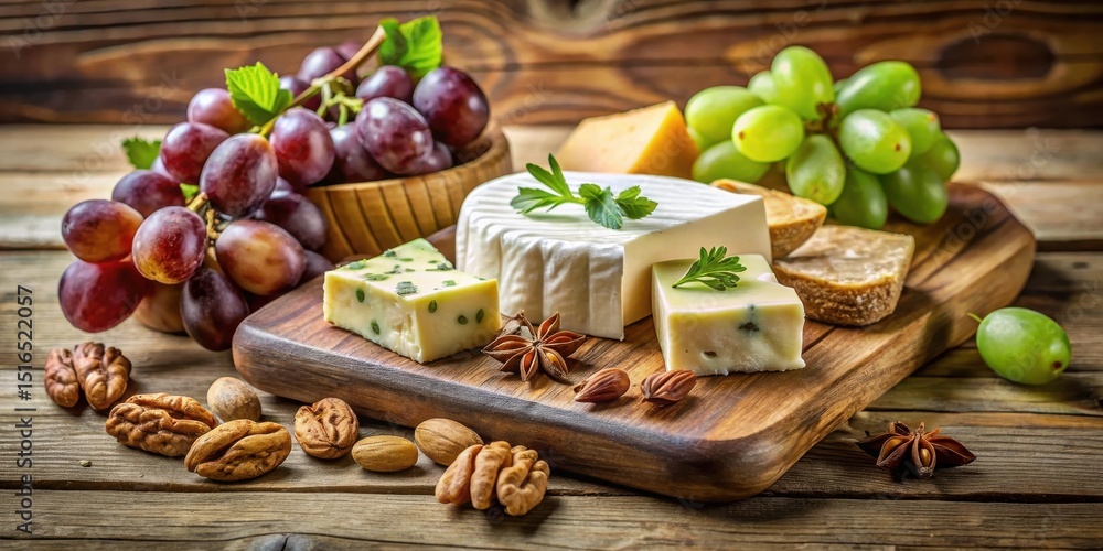 Poster a delectable arrangement of assorted cheeses, complemented by bunches of ripe red and green grapes, 