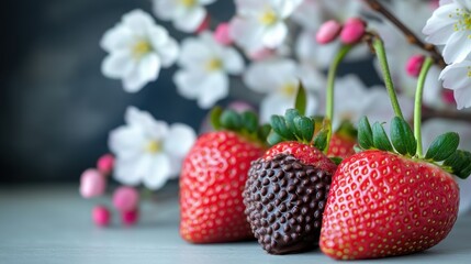 Fresh strawberries with chocolate coating and blossoms in the background.