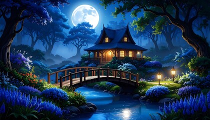 Enchanting moonlit cottage scene with a wooden bridge over a stream, surrounded by lush foliage.