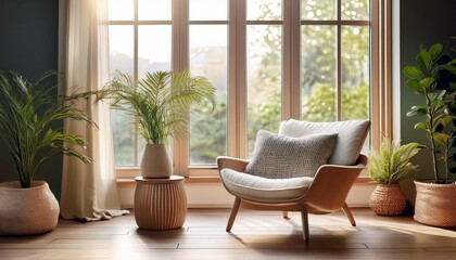 cozy interior featuring a stylish armchair decorative pillow and potted plants by large windows