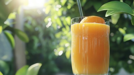 A refreshing orange drink served in a glass, surrounded by green foliage.