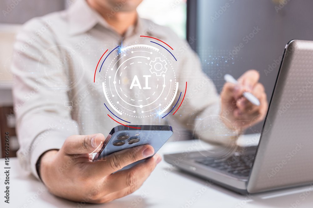 Poster a person using a smartphone and laptop with a digital ai graphic overlay, symbolizing artificial int