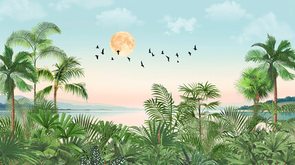 Dreamy Coastal Wall Mural: Sunset/Sunrise Palms, Birds, Moon & Colorful Sky © csinie1