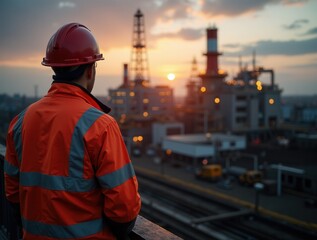Oil refinery worker at sunset in safety gear