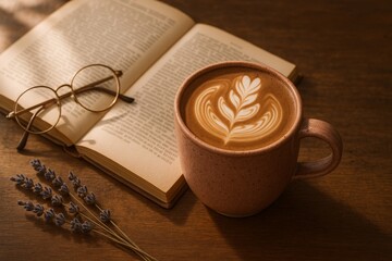 A tranquil coffee moment with a steaming latte featuring elegant latte art, set beside an open book and round reading glasses. Cozy mornings, mindfulness, and slow living with warm light and lavender 