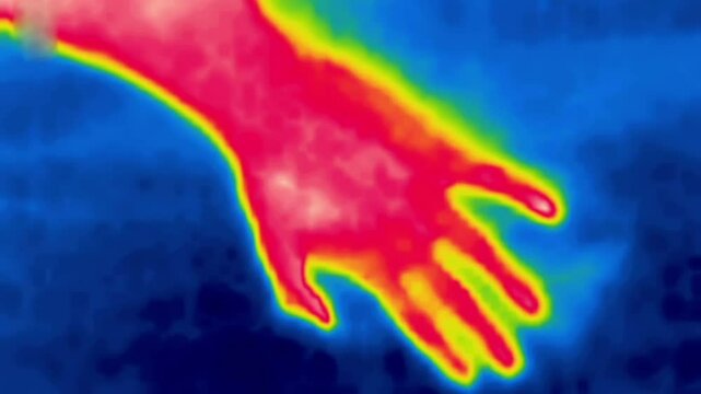 A hand, a palm. Gestures, folding your fingers. Image thermal imager device.