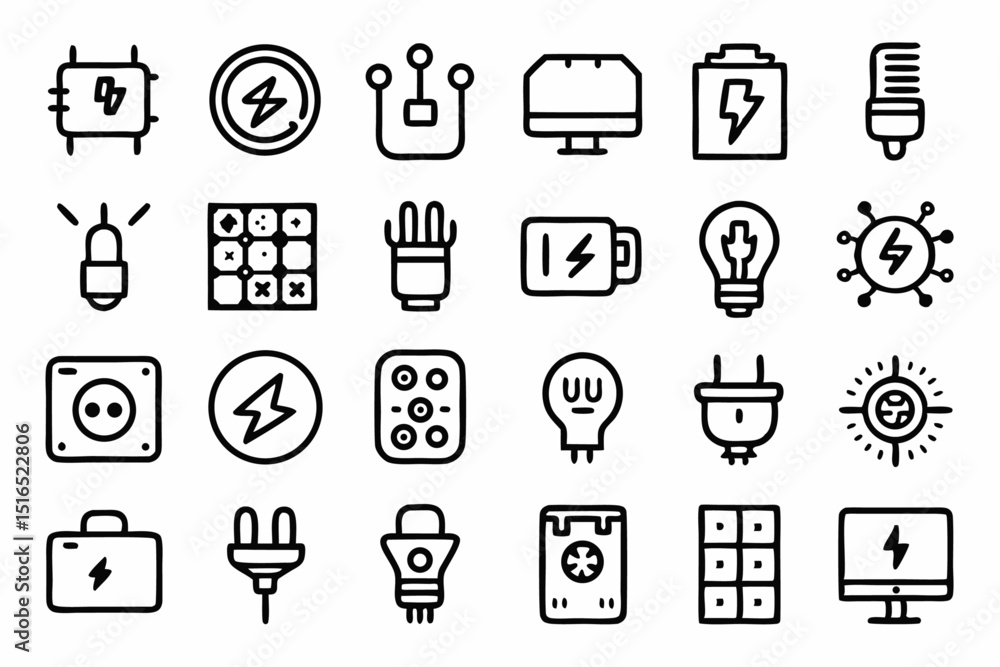 Poster high quality line icons depicting electrical sockets and power plugs for various applications