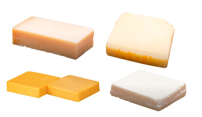 Assortment of rectangular cheese blocks including cheddar, feta, Colby-Jack, and aged cheese isolated on white background for packaging, culinary, or educational use.