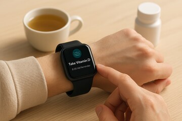A person taps on a smartwatch screen displaying a wellness reminder to take Vitamin D, with tea and supplements on a wooden table. The composition promotes modern health routines, tech integration