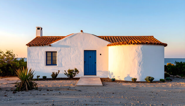 White house with blue door on Menorca island, Spain