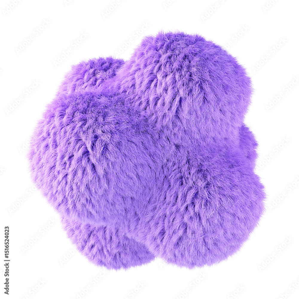 Poster abstract shape made of violet fur, isolated on white background. 3d rendering.