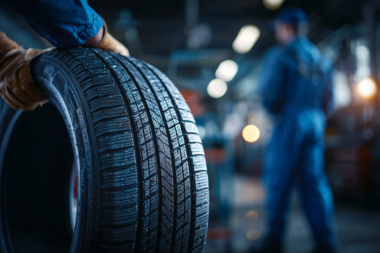 Poster-style image of a close-up scene inside an auto repair shop, mechanic in blue coveralls gripping a car tire with visible tread detail, garage interior softly blurred in the background, ambient w
