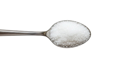 Silver spoon filled with white sugar crystals isolated on a transparent background