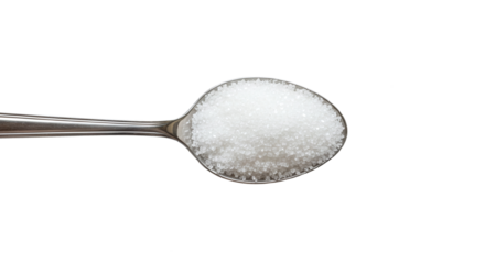 Silver spoon filled with white sugar crystals isolated on a transparent background