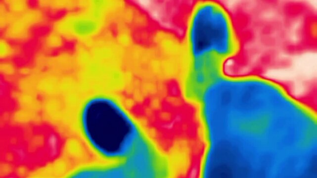 Men's legs in shorts and slippers Top view. Image thermal imager device.