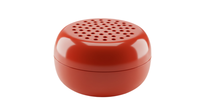 Portable red speaker for music and audio listening. Round red plastic speaker with perforated top isolated on a transparent background - Powered by Adobe