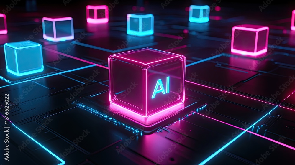 Fototapete neon-lit cubes with ai text display on a circuit board background.