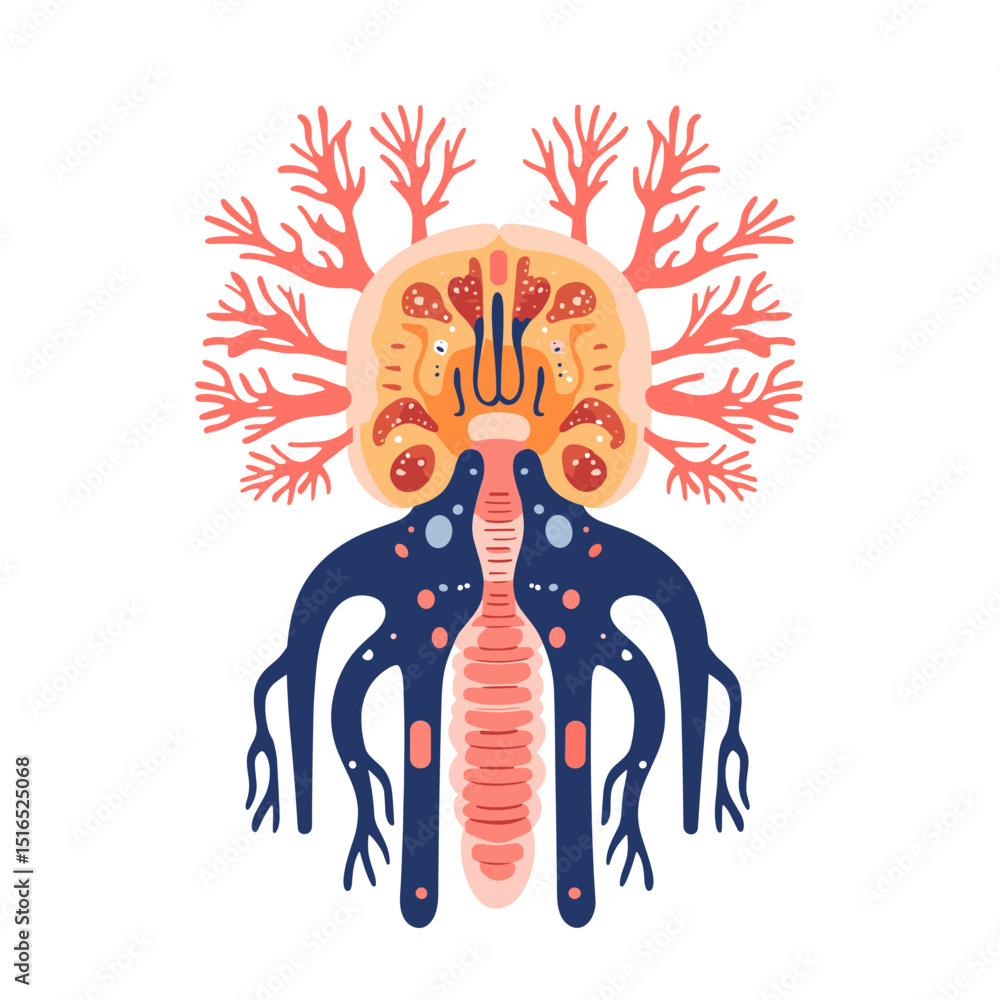 Poster abstract anatomy illustration of internal organs with intricate branching structures and bold colors