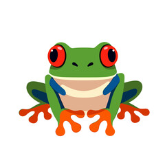 Cartoon Red-Eyed Tree Frog Illustration with Bright Green Skin and Orange Feet on White Background