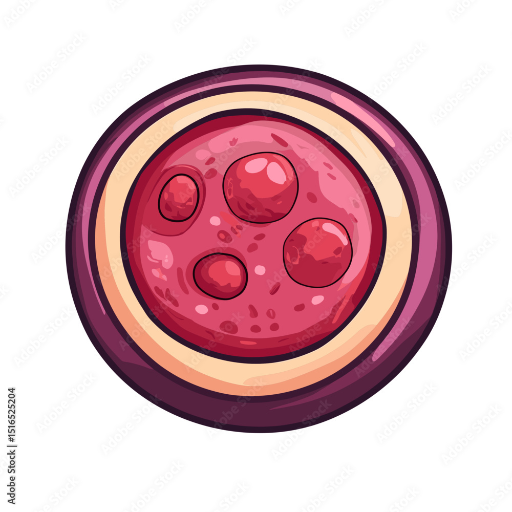 Poster abstract circle with pink blobs and purple border in digital illustration style isolated on white ba