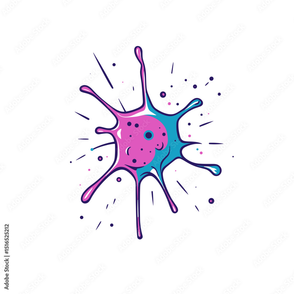 Poster abstract circular blot with pink and blue color splashes and radiating lines design on white backgro