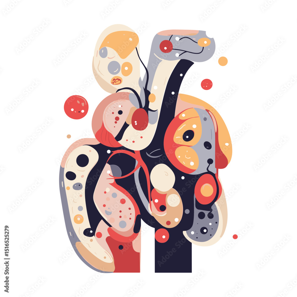 Poster abstract composition with geometric shapes in red yellow and blue color scheme against a white backd