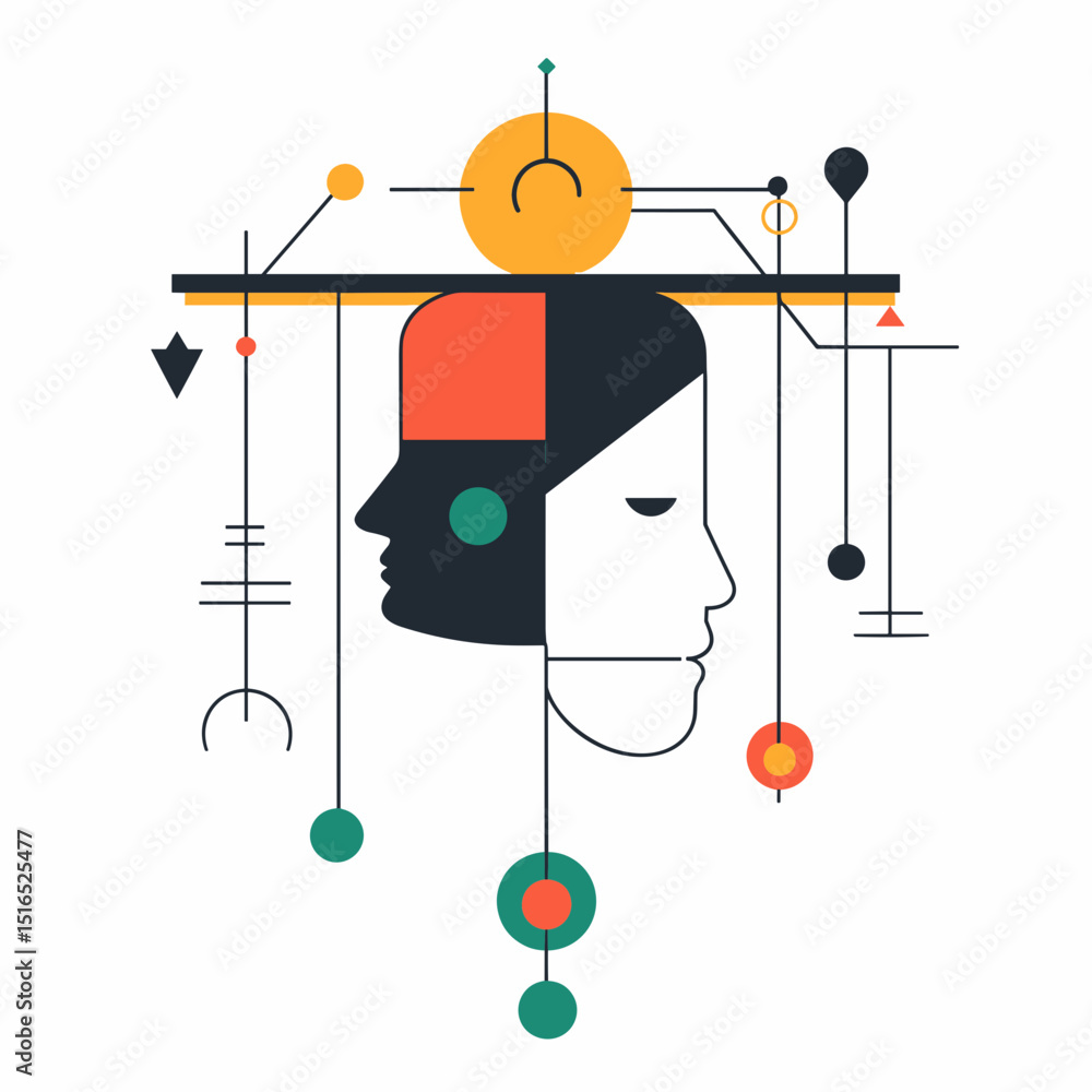 Poster abstract geometric illustration of two faces with connected shapes and lines representing intelligen