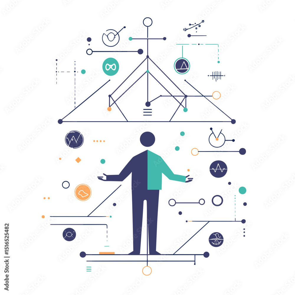 Poster abstract geometric man illustration with teal and navy blue color scheme on white background depicti