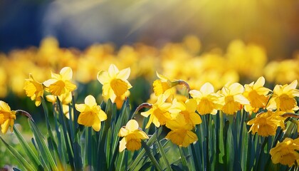 yellow daffodils blooming in spring field with blurred background