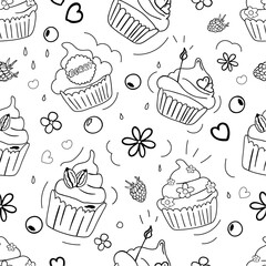 Seamless vector pattern with muffins. Muffin with berry, fruits and decoration. Hand drawn illustration in doodle style