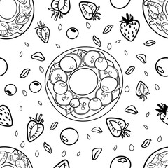 Seamless bagel vector pattern. Illustration in doodle style. black and while isolated background. Bagel with berry 
