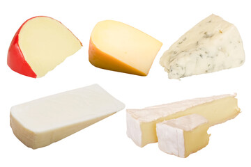 Set of assorted cheeses including Brie, Blue, Gouda, Edam, and Mozzarella isolated on background, ideal for culinary design, packaging, or food education use.


