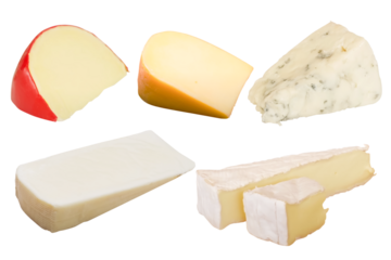 Set of assorted cheeses including Brie, Blue, Gouda, Edam, and Mozzarella isolated on background, ideal for culinary design, packaging, or food education use.

