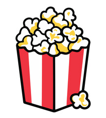 A traditional red and white striped carton box filled to the brim with cinema popcorn 