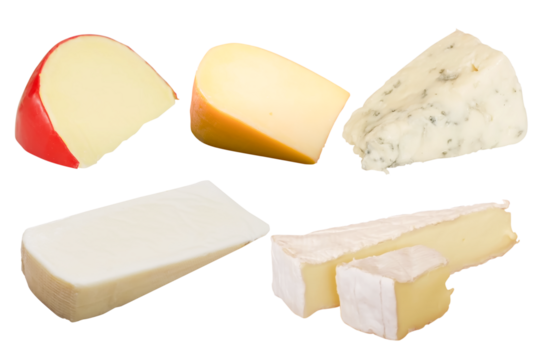 Set of assorted cheeses including Brie, Blue, Gouda, Edam, and Mozzarella isolated on background, ideal for culinary design, packaging, or food education use.

