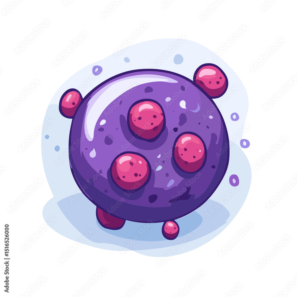 Poster abstract purple pixelated sphere with pink bumps floating on white background for game asset design