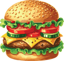 Vector watercolor painted illustration of a hamburger