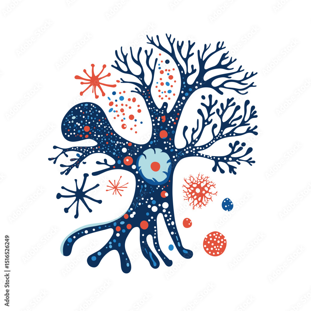 Poster abstract tree design with blue and orange elements and ornate branching structure on a white backgro
