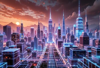 Fototapeta premium Futuristic Cityscape at Sunset with Illuminated Skyscrapers and Advanced Urban Design.