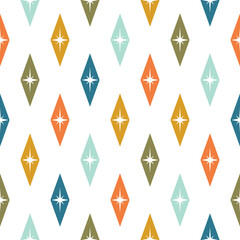 Seamless abstarct pattern with mid century retro diamond shapes and stars