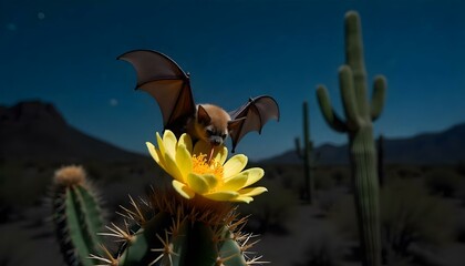 Nocturnal Pollination: A Nectar Bat Approaches a Night-Blooming Flower in the Moonlit Forest.