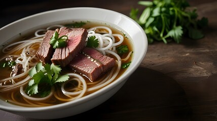 Vietnamese pho with thin slices of beef and fresh herbs in broth 