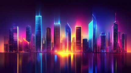 Vibrant neon cityscape at night reflected in water.