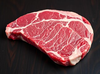 Freshly Cut Ribeye Steak: An image of a beautifully marbled, raw ribeye steak, showcasing its vibrant color and texture on a dark surface, ideal for culinary projects and food photography.