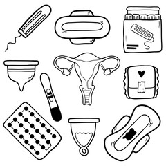Doodle illustration set of menstruation and women's reproductive health elements, including tampons, pads, menstrual cup, uterus, pregnancy test, and birth control pills.