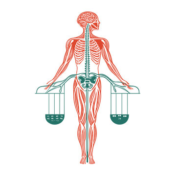 Anatomical Illustration of Human Skeleton Muscular and Lymphatic System with Scales Representing Balance in Orange and Teal on White Background