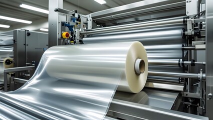 Industrial Plastic Film Manufacturing Process A large roll of transparent film unwinds, smoothly gliding across sleek, stainless steel machinery in a modern factory setting.