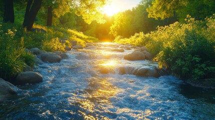Sunlit stream flows through lush forest