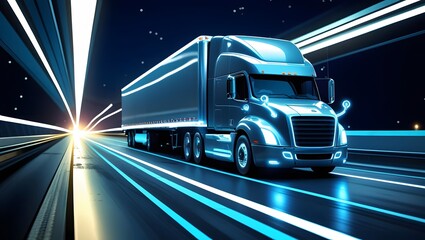 Futuristic semi-truck speeding down a neon-lit highway at night, sleek design, glowing blue accents, futuristic transportation.